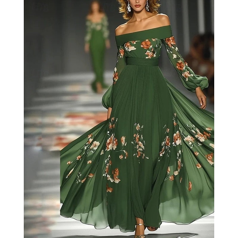 Women's Long Dress Maxi Dress Party Dress Cocktail Dress Print Dress Elegant Modern Outdoor Party Evening Party Regular Fit Floral Long Sleeve Off Shoulder Green Fall Winter