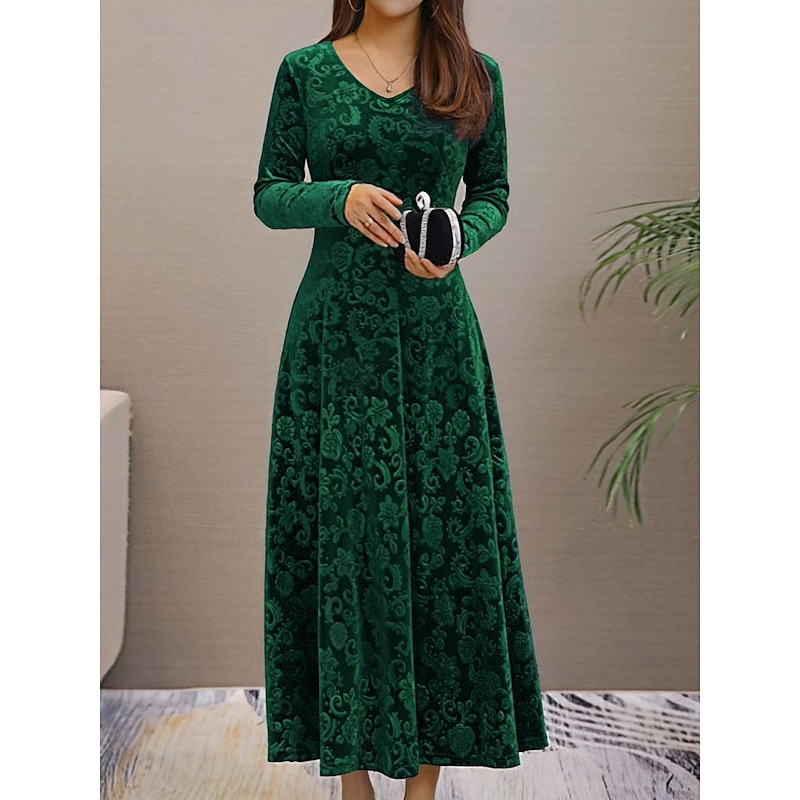 Women's Maxi Dress A Line Dress Casual Daily Holiday Going out Regular Fit Floral Long Sleeve V Neck Black Wine Blue Purple Spring Fall Winter2