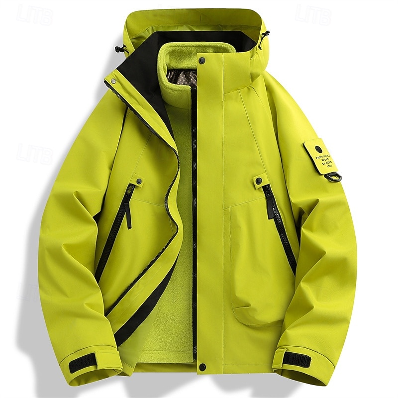 Men's Outdoor Jacket Raincoat Hiking Jacket Vacation Daily Warm Pocket 3 in 1 Fall Winter Plain Fashion Classic Hooded Regular Black Yellow Green Army Green Beige Jacket3