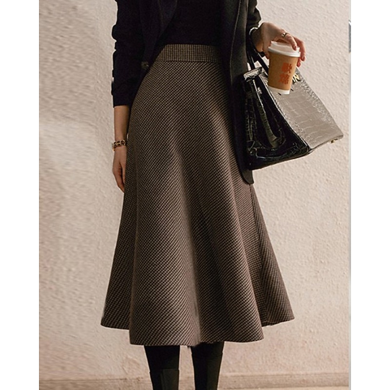 Women's Skirt A Line Fashion Casual Midi High Waist Skirts Houndstooth Ruched Inelastic Micro-elastic Street Daily Coffee Fall Polyester