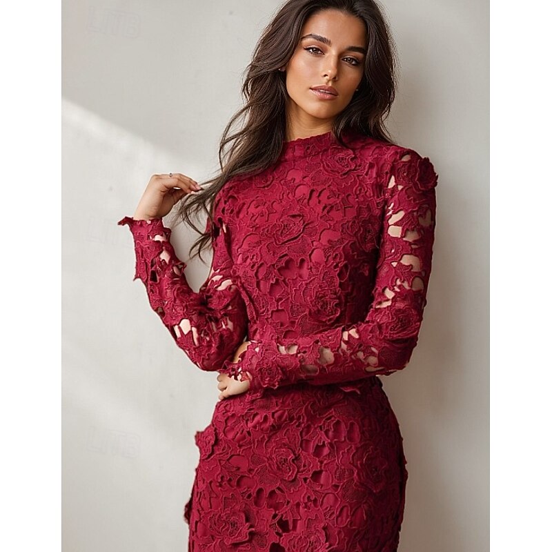 Burgundy Floral Embroidered Lace Sheath / Column Evening Gown Elegant Formal Dress Formal Wedding Ankle Length Long Sleeve High Neck Lace with Appliques 20252
