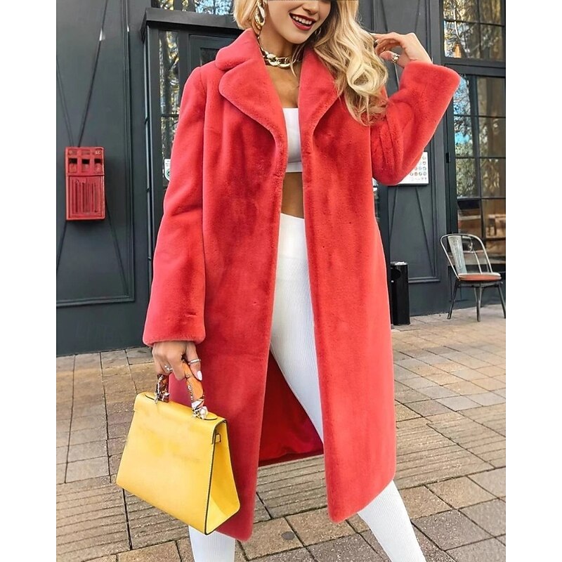 Women's Coat Faux Fur Coat Warm Comfortable Furs & Leathers Casual Plain Vacation Street Casual Daily Wear Long Turndown Regular Fit Long Sleeve Outerwear Light Blue Black Red Fall Winter