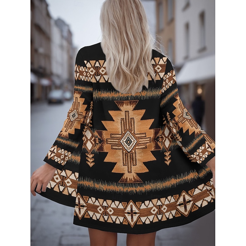 Women's Winter Coat Trench Coat Lightweight Comfortable Print Open Front Vintage Fashion Casual Boho Vintage Geometric Vacation Casual Long Collarless Regular Fit Long Sleeve Outerwear Black Beige