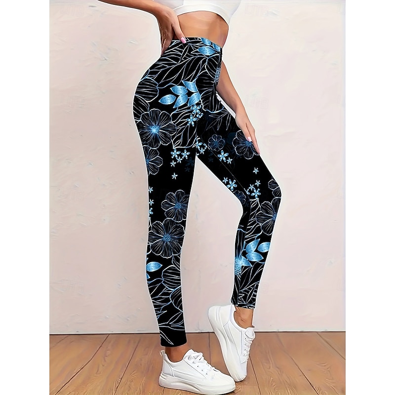 Women's Leggings Vacation Vintage Fashion Full Length High Waist Floral Graphic Printing Soft Breathable Stretchy Vacation Street Causal Blue Fall Winter Slim Fit2
