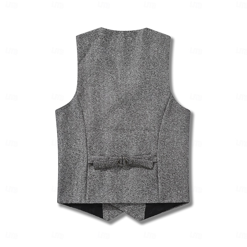 Men's Tweed Vest Waistcoat Formal Wedding Vacation Daily Vintage Fashion Spring Fall Pocket Buttons Polyester Comfortable Herringbone Single Breasted V Neck Lapel Regular Fit Khaki Gray Vest3