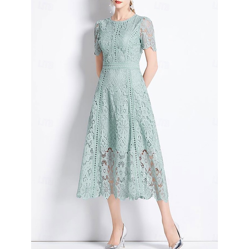 Dress Mother of the Bride Dress Elegant Crew Neck Tea Length Lace Short Sleeve with Lace