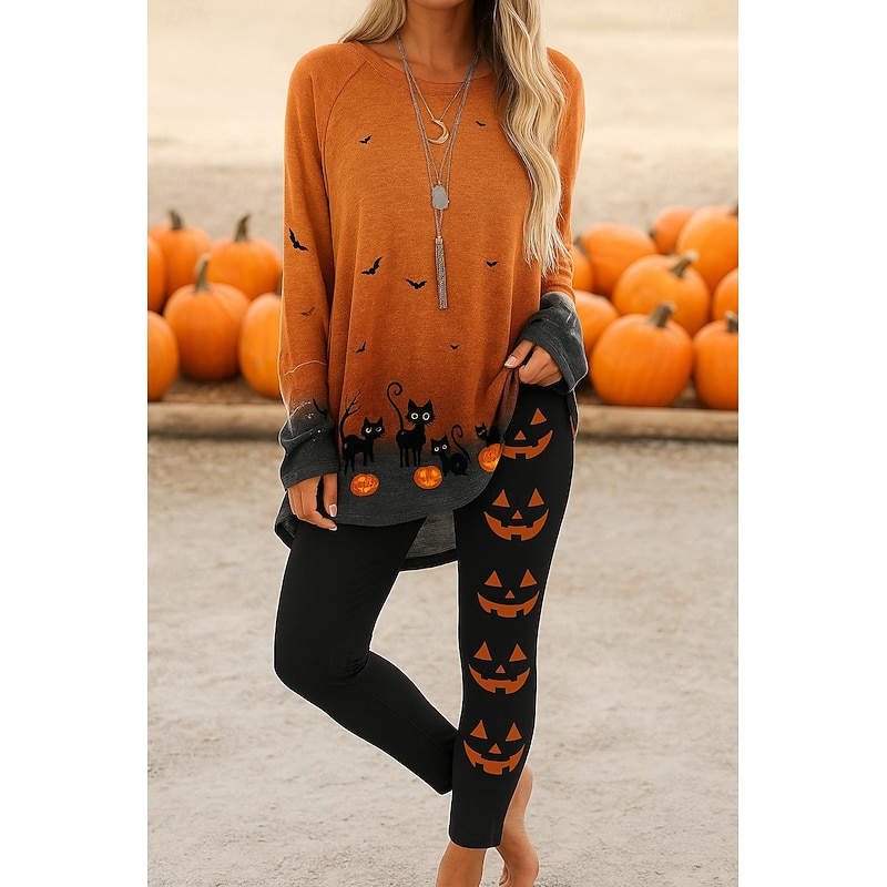 Halloween Women's Two Pieces T shirt Legging Long Sleeve Crew Neck Long Tops Graphic Long Pants Pumpkin Vintage Stylish Casual Daily Print Black Orange Spring Fall Prefall2