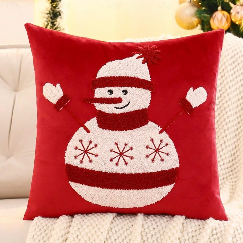 Christmas Snowman Embroidered Throw Pillow, Holiday Decorative Cushion Cover for Sofa Couch Bed2