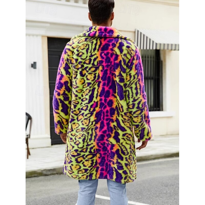 Men's Winter Coat Fur Coat Trench Coat Vacation Casual Winter Polyester Soft Outdoor Outerwear Clothing Apparel Bold Warm Ups Leopard Pocket Lapel2