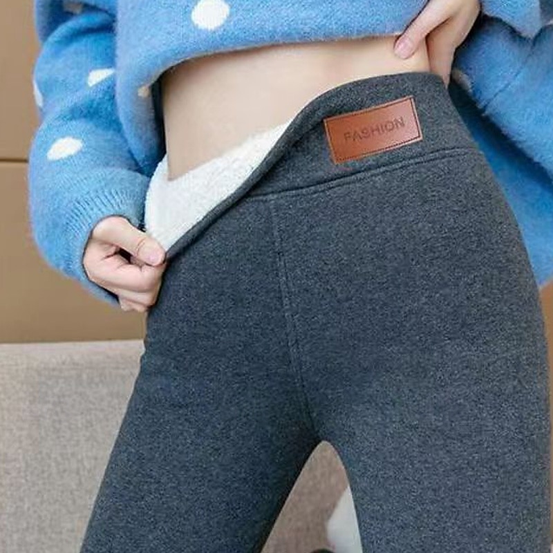 Women's Chinos Leggings Cozy Fleece Lined Streetwear Casual Full Length Medium Waist Plain Elastic Waist Warm Comfortable Stretchy Outdoor Vacation Street Dark-Gray Black Fall Winter Regular Fit2