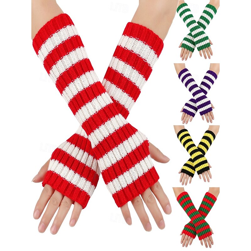 Women's Christmas Striped Fingerless Gloves - Soft Knit, Red & White Stripes, Perfect for Holiday Parties & Winter Festivities