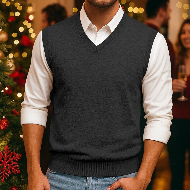 Men's Sweater Sweater Vest Pullover Sweater Jumper Ribbed Knit Regular Tops Knitted Slim Fit Plain V Neck Knitwear Contemporary Business Casual Clothing Apparel Spring Fall Camel Black M L XL4