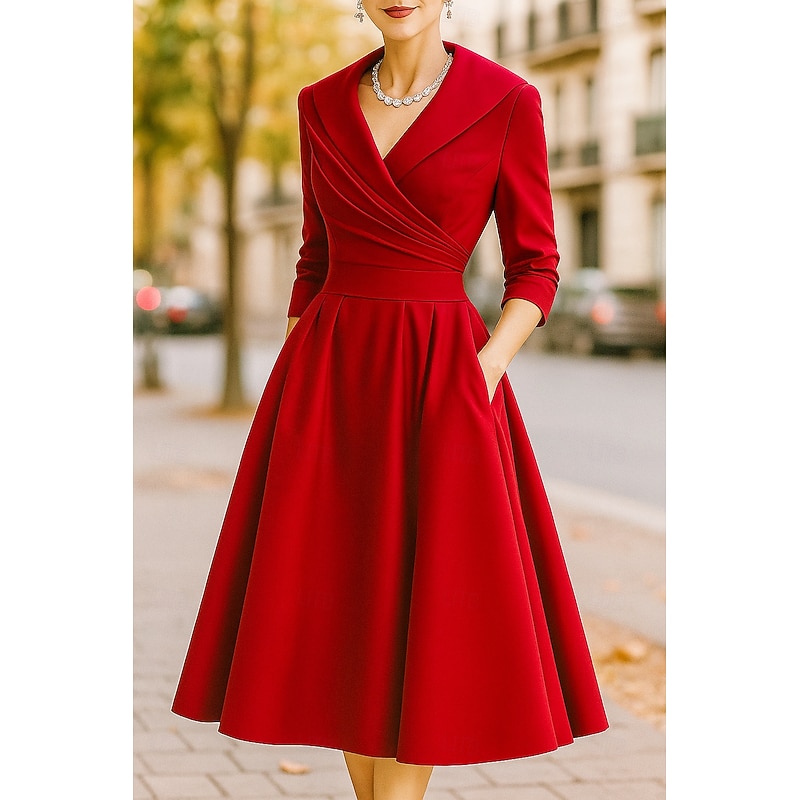 Red Black A-Line Mother of the Bride Dress Elegant Vintage Shirt Collar Tea Length Satin 3/4 Length Sleeve with Ruching Solid Color