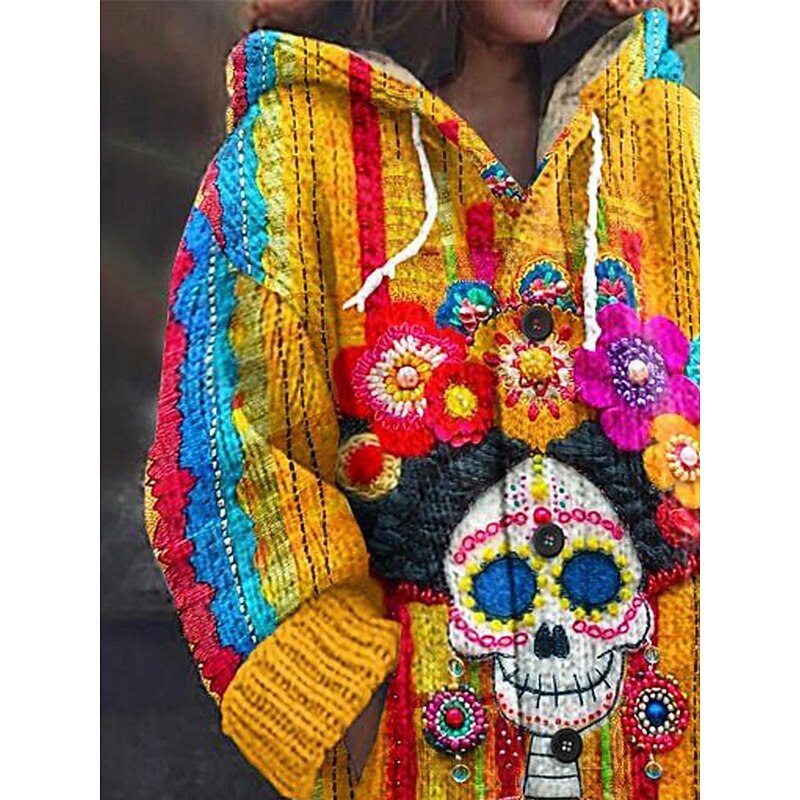 Halloween Women's Cardigan Daily Casual Floral Graphic Ribbed Hooded Pocket Buttons Print Long Sleeve Regular Tops Knit Outdoor Weekend Yellow Fall Winter2