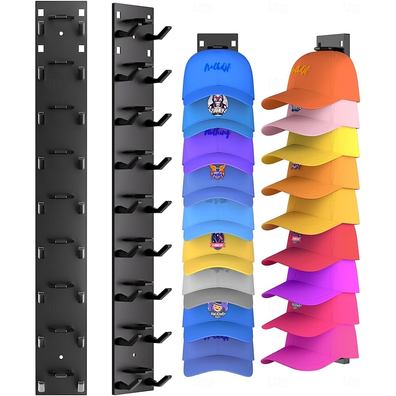 2 Pack Hat Organizer for Baseball Caps, Strong Adhesive Hat Rack for Wall, Multilayer Hat Storage Display Holder, Wall Mounted Hat Hooks Hold up to 18 Hats for Closet Door and Bedroom