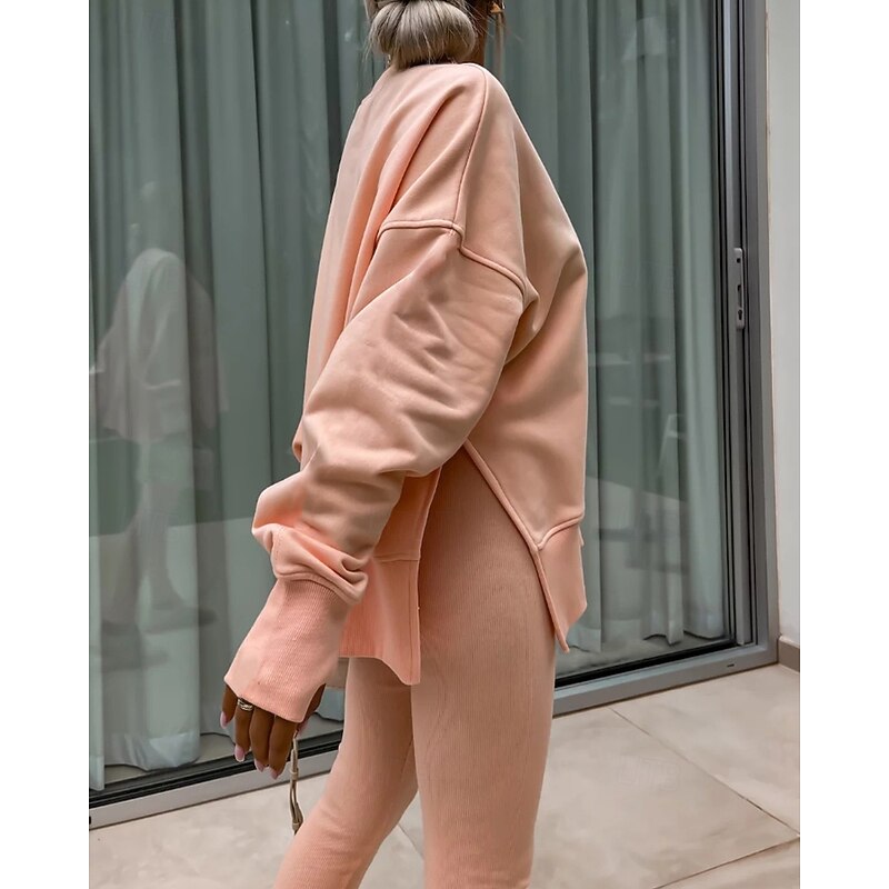 Women's Active Streetwear Blouse Pants Sets Sweatshirt Long Sleeve Crew Neck Solid Color Split Thigh Vacation Daily Wear Going out Pink Red Orange Fall Regular Fit4