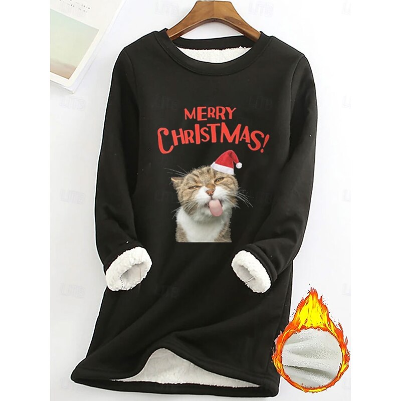 Women's Pullover Sweatshirt Graphic Cat Letter Warm Casual Fuzzy Long Sleeve Crew Neck Regular Tops Street Casual Light Pink Black Dark Pink Blue Spring Fall Winter2