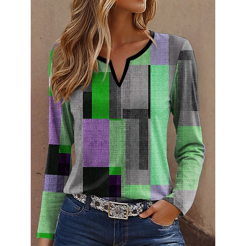 Women's T Shirt Graphic Geometric Vintage Stylish Casual Long Sleeve Notched Neck Regular Tops Daily Weekend Print Yellow Blue Purple Green Spring Fall Winter4