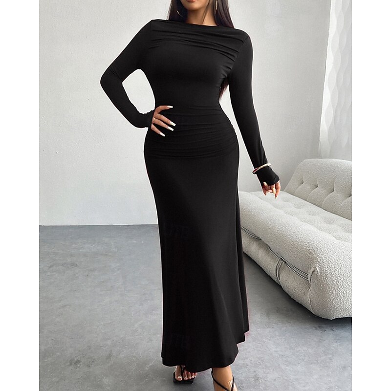 Women's Long Dress Maxi Dress Black Dress Party Dress Cocktail Dress Satin Dress Elegant Fashion Modern Party Special Occasion Evening Party Regular Fit Plain Long Sleeve Crew Neck Black Wine Brown2