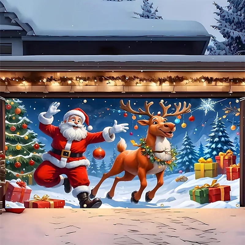 Christmas Tapestry Garage Door Cover Large Hanging Backdrop Gift Santa Claus Cute 3D Party Outdoor Holiday Shooting Backgrounds Yard Home Decor3