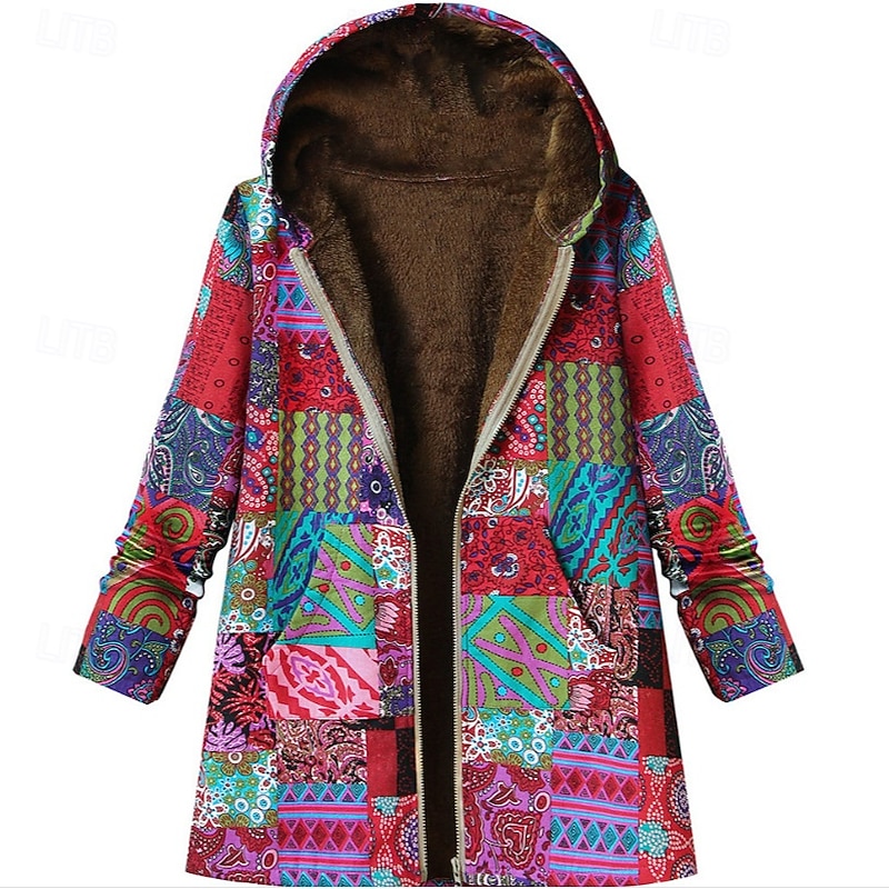 Women's Sherpa Jacket Casual Jacket Comfortable Breathable Print Casual Geometric Vacation Street Casual Daily Wear Open Front Regular Hooded Regular Fit Long Sleeve Outerwear Yellow Pink Blue Spring