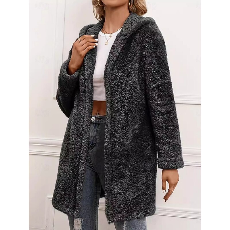 Women's Winter Coat Sherpa Jacket Comfortable Breathable Open Front Casual Plain Vacation Street Casual Daily Wear Open Front Long Hooded Loose Fit Long Sleeve Outerwear Black Spring Fall3