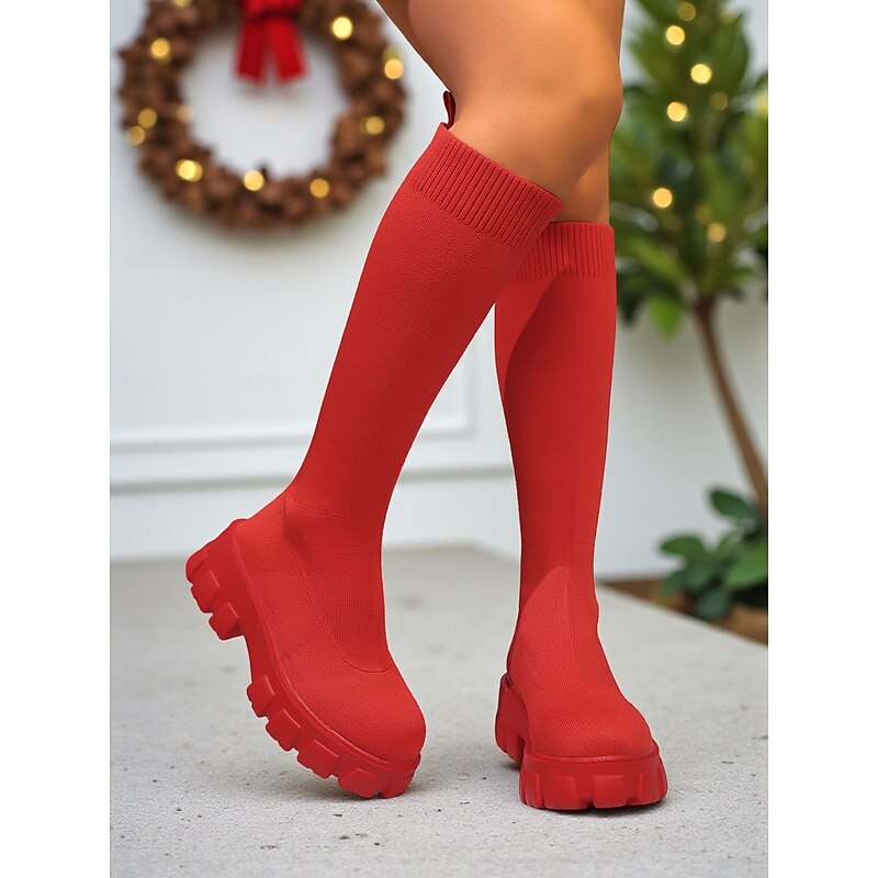 Women's Red Flyknit Knee High Platform Boots – Chunky Sole Fashion Sock Boots for Streetwear and Casual Outfits