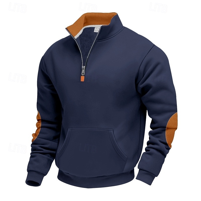 Men's Sweatshirt Pullover Hoodie Sweatshirt Pullover Quarter Zip Sweatshirt Black Army Green Navy Blue Camel Light Grey Standing Collar Plain Patchwork Pocket Color Block Sports & Outdoor Casual Daily2