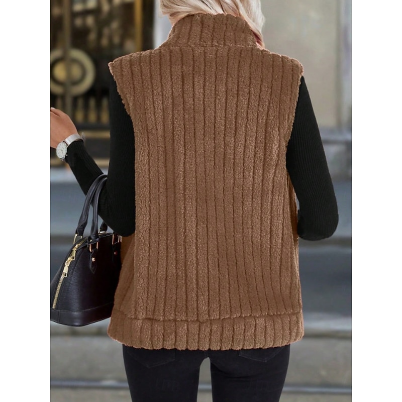Women's Fleece Vest Comfortable Breathable Zipper Casual Plain Vacation Street Casual Daily Wear Zipper Short Turndown Regular Fit Sleeveless Outerwear Black Red Blue Spring Fall3