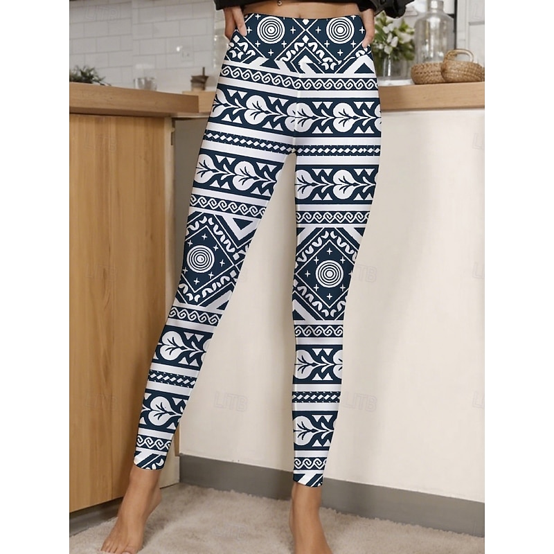 Women's Pants Trousers Leggings Cozy Leggings Vintage Casual Full Length High Waist Geometric Elastic Waist Print Breathability Comfortable Stretchy Vacation Street Daily Wear Dark Navy Summer Spring