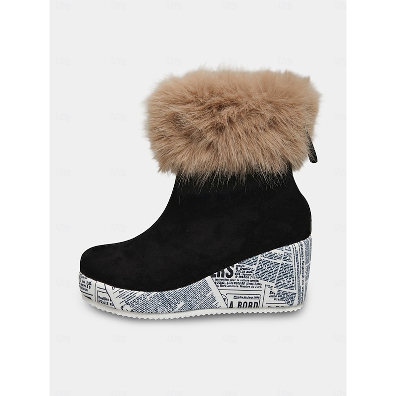 Women's Black Faux Suede Wedge Ankle Boots with Faux Fur Collar and Newspaper Print Sole, Fashion Casual Winter Shoes for Streetwear and Parties3