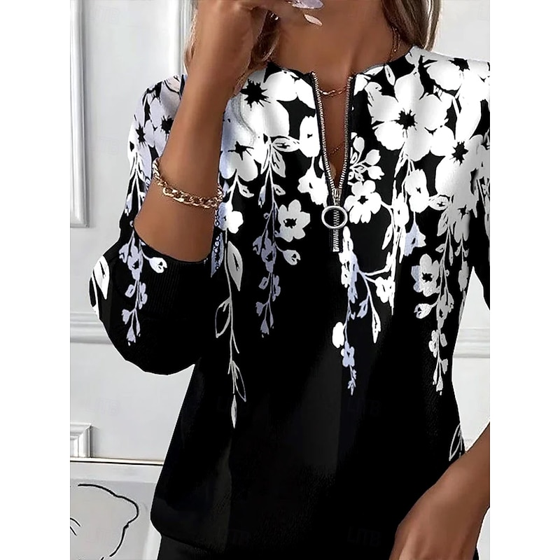 Women's Pullover Sweatshirt Zip Up Sweatshirts Floral Graphic Fashion Casual Long Sleeve Crew Neck Round Neck Regular Tops Street Dailywear Patchwork Zipper Print Black Spring Fall Winter2