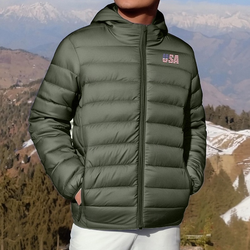Men's Flag Print USA Winter Coat Down Jacket Puffer Jacket Thermal Warm Rain Waterproof Lightweight Casual Outdoor Daily Padded Quilted Hooded Jacket Fall Winter Hooded Long Sleeve Black Army Green3