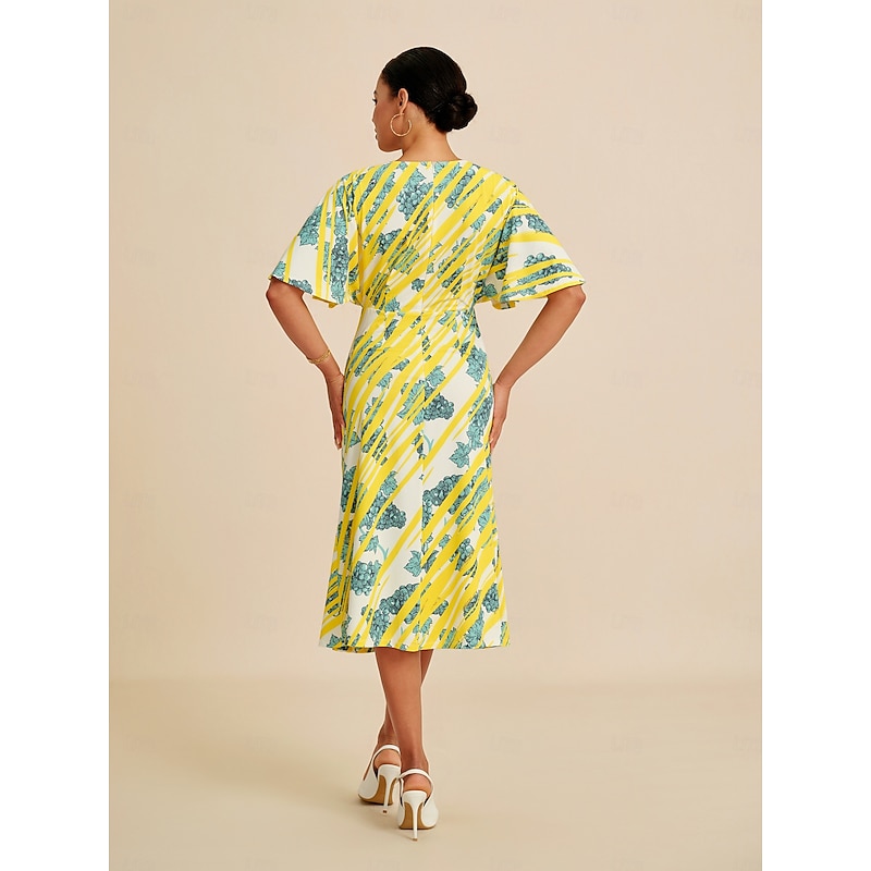 Women's Midi Dress Batwing Sleeve Stretch Bold Print Elegant Versatile Casual Daily Spring Summer Fall2