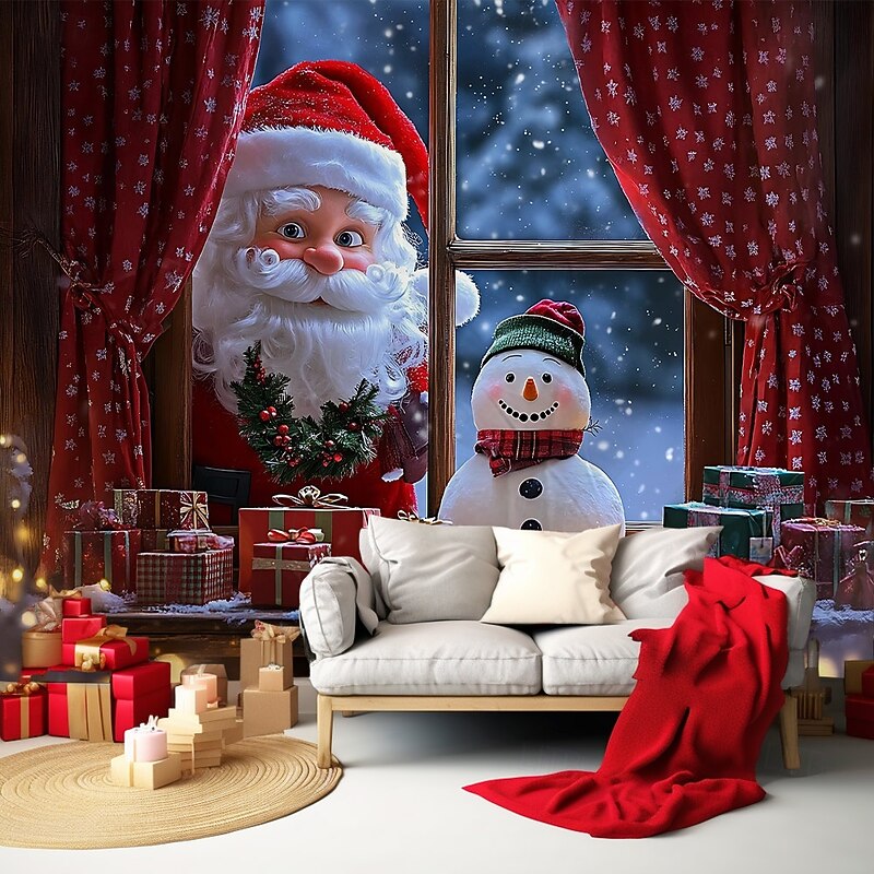 Chrismas Hanging Tapestry Snowman Outside Window Santa Claus Christmas Tree Large Wall Art Mural Decor Blanket Curtain Holiday Home Bedroom Living Room Festive Seasonal Party Decoration