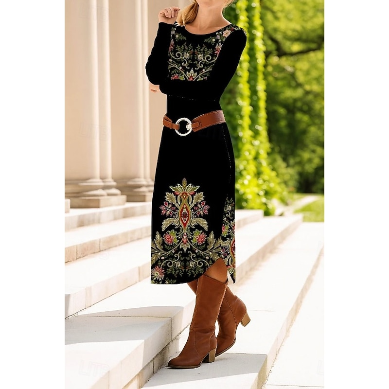 Women's Midi Dress Maxi Dress Sheath Dress Shift Dress Party Casual Boho Party Wedding Guest Daily Regular Fit Graphic Paisley Tribal Long Sleeve Crew Neck Black Brown Spring Fall Winter Autumn