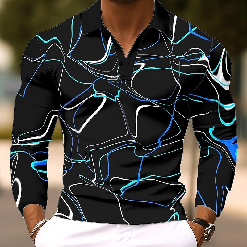 Men's Lightning Geometic Polo Long Sleeve Polo Shirts Lapel Casual Outdoor Street Athleisure Daily Wear 3D Print Buttons Spring Fall Winter Blue Orange Green3