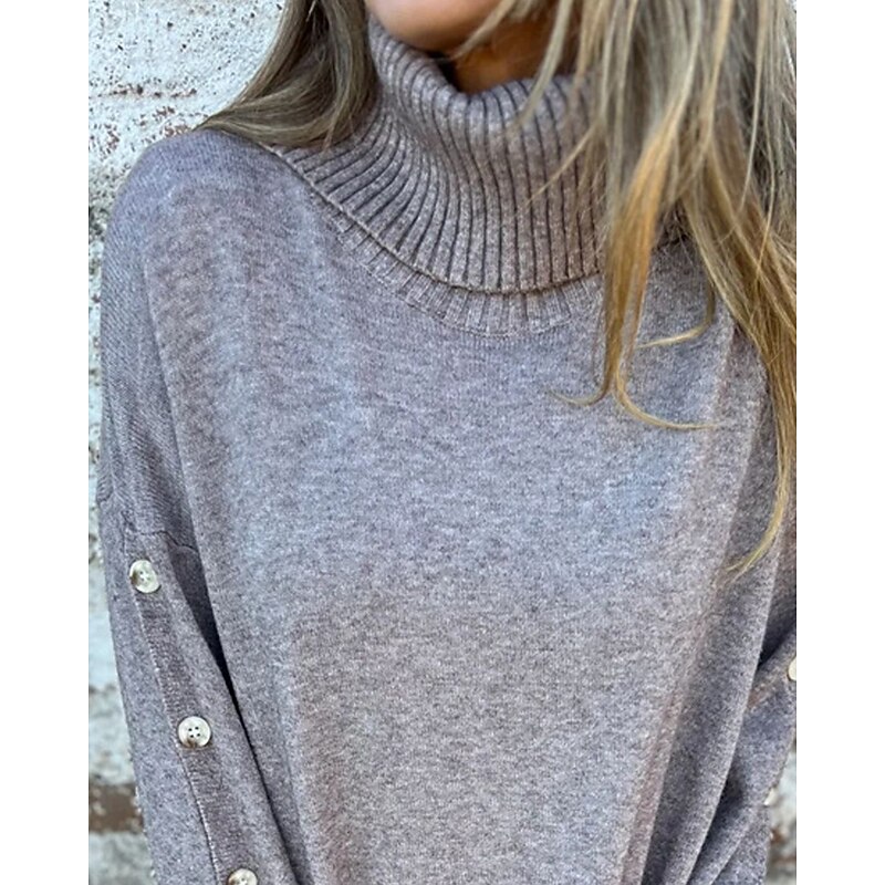 Women's Sweater Fashion Streetwear Casual Pure Color Ribbed Turtleneck Knitted Long Sleeve Regular Tops Knit Outdoor Daily Weekend Gray Fall Winter2