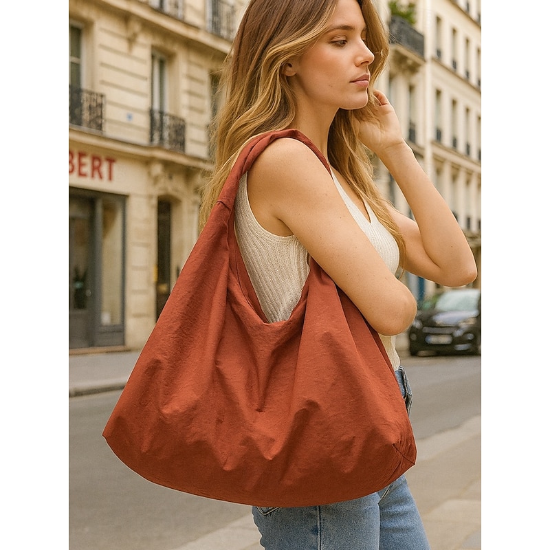 Women's Large Nylon Shoulder Tote Bag with Zipper Pockets, Hobo Bag,Lightweight Casual Travel Shopper Handbag for Work, School and Everyday Use