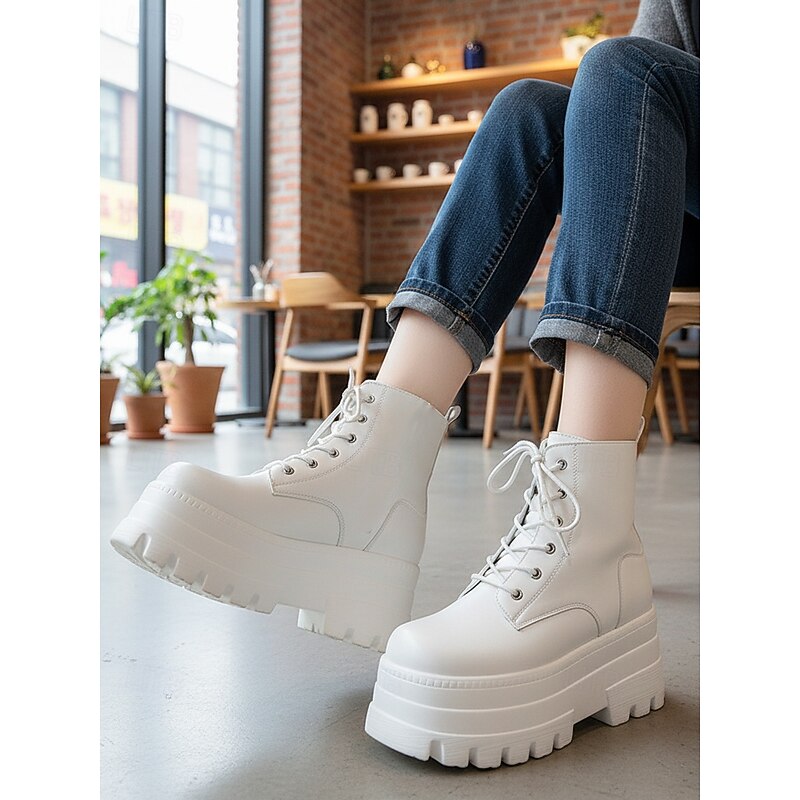 Women's White Platform Lace-Up Ankle Boots with Height Increasing Sole -Trendy Chunky Heel Fashion Boots for Casual and Streetwear2