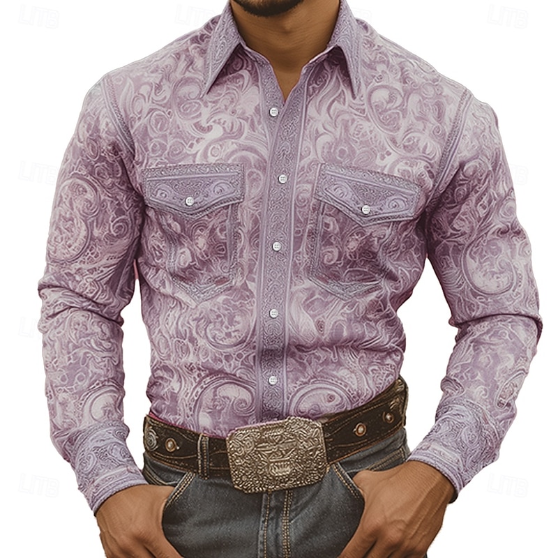 Men's Intricate Floral Flowers Shirt Western Shirt Cowboy Shirt Long Sleeve Vintage Retro Outdoor Casual WorkWear Spring Fall Turndown Front Two Pockets Linen Like Shirt Button Up Shirts Blue Light2