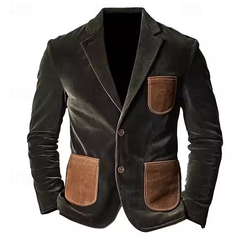 Men's Corduroy Jacket Corduroy Blazer Business Cocktail Party Wedding Party Fashion Casual Spring Fall Polyester Color Block Pocket Buttons Comfortable Single Breasted Blazer Army Green2