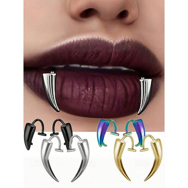 Women's Halloween Stainless Steel Vampire Fang Lip Rings – Gothic Punk Fake Piercing Jewelry for Costume Party and Cosplay2
