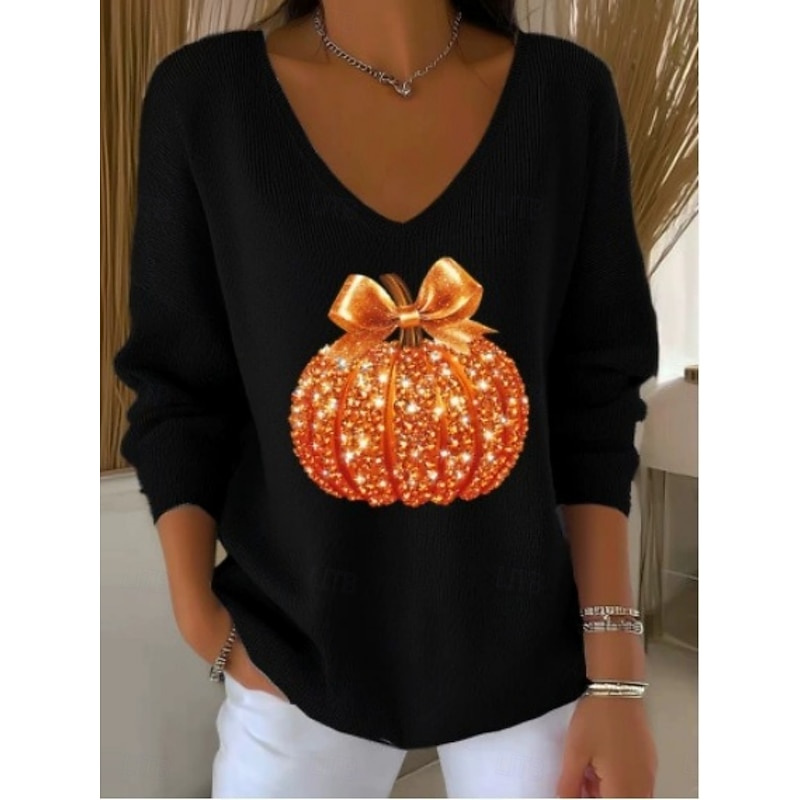 Halloween Women's Sweater Casual Soft Ribbed V Neck Knitted Long Sleeve Regular Tops Knit Outdoor Daily Black Orange Fall Winter3