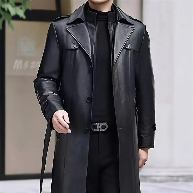 Men's Overcoat Trench Coat Long Trench Coat Vacation Daily Fall Winter PU Leather Windproof Outerwear Clothing Apparel Fashion Classic Plain Pocket Lapel Single Breasted