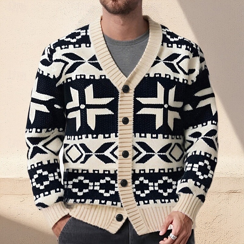 Men's Fair isle Sweater Cardigan Sweater V Neck Casual School Vacation Daily 3D Print Keep Warm Long Sleeve Spring Fall Winter Black