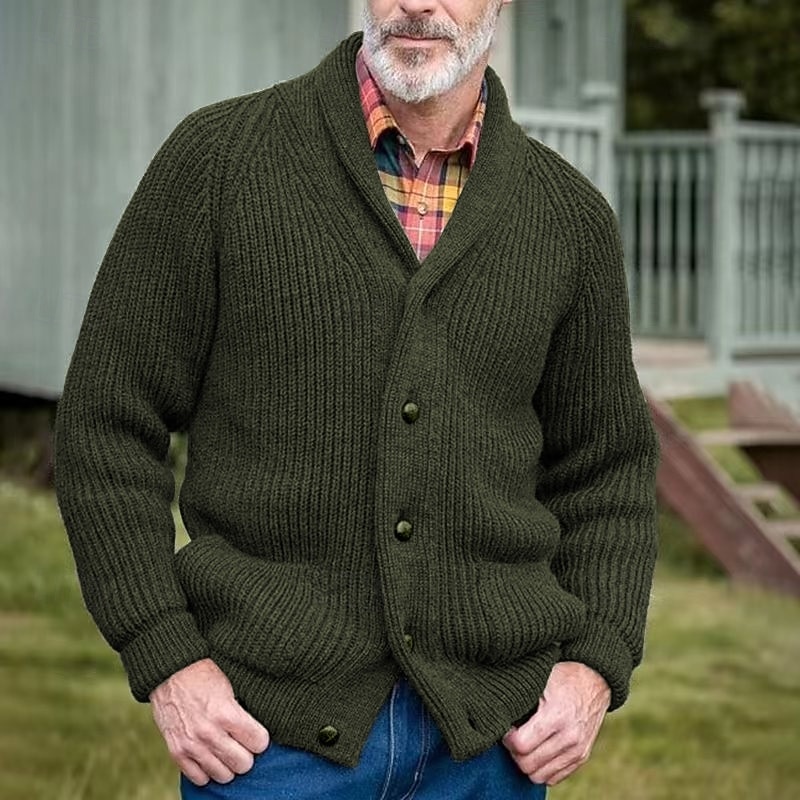 Men's Cardigan Sweater Dress Sweater Chunky Cardigan Cropped Sweater Cable Knit Regular Button Up Plain Lapel Vintage Warm Ups Casual Daily Wear Clothing Apparel Raglan Sleeves Fall Winter Black Green3