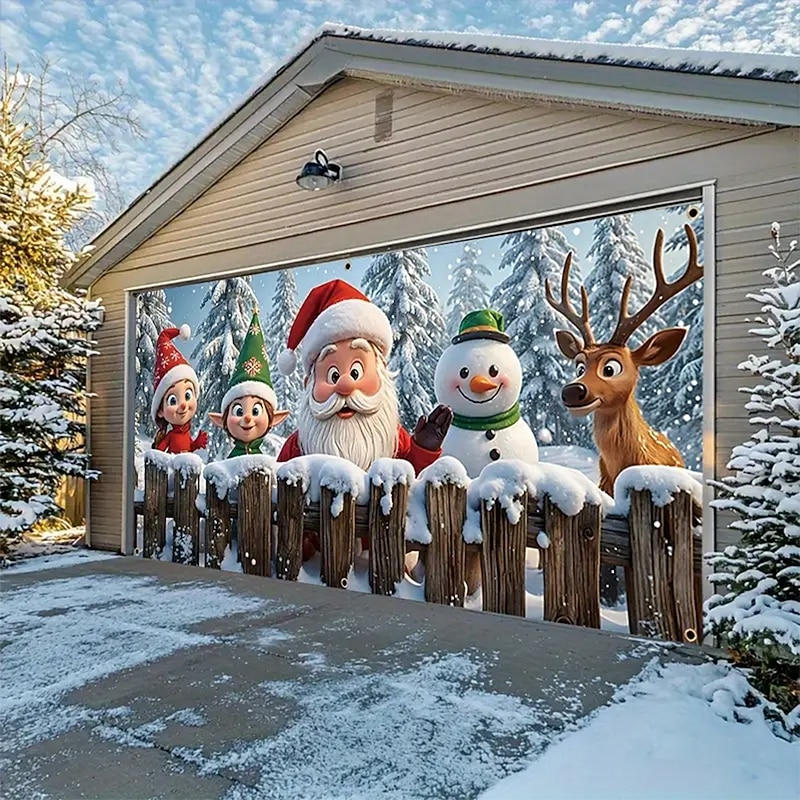 Christmas Tapestry Garage Door Cover Large Hanging Backdrop Snowman Gift Cute 3D Party Outdoor Holiday Shooting Backgrounds Yard Home Decor2