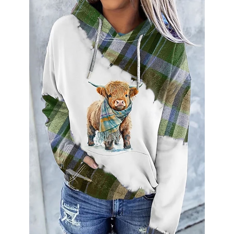 Women's Pullover Hoodie Sweatshirt Graphic Plaid Cow Casual Long Sleeve Hooded Regular Tops Party Evening Wear Street Dailywear Purple Green Spring Fall Winter2