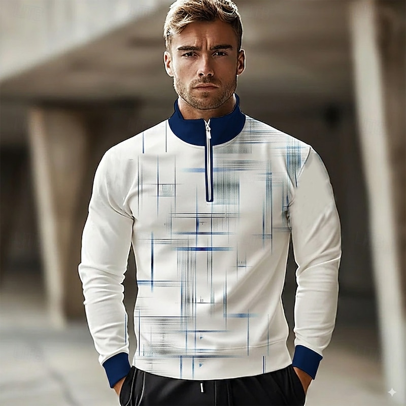 Men's Geometic Line Polo Long Sleeve Standing Collar Athleisure Vacation Athleisure Casual Daily 3D Print Spring Fall Winter Green Blue Brown